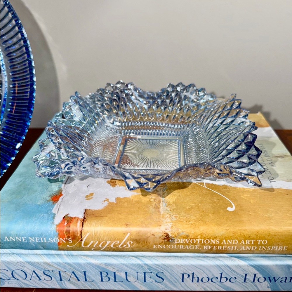 Vintage Diamond Point Ice Blue Glass Bowl- Ruffled Square Dish